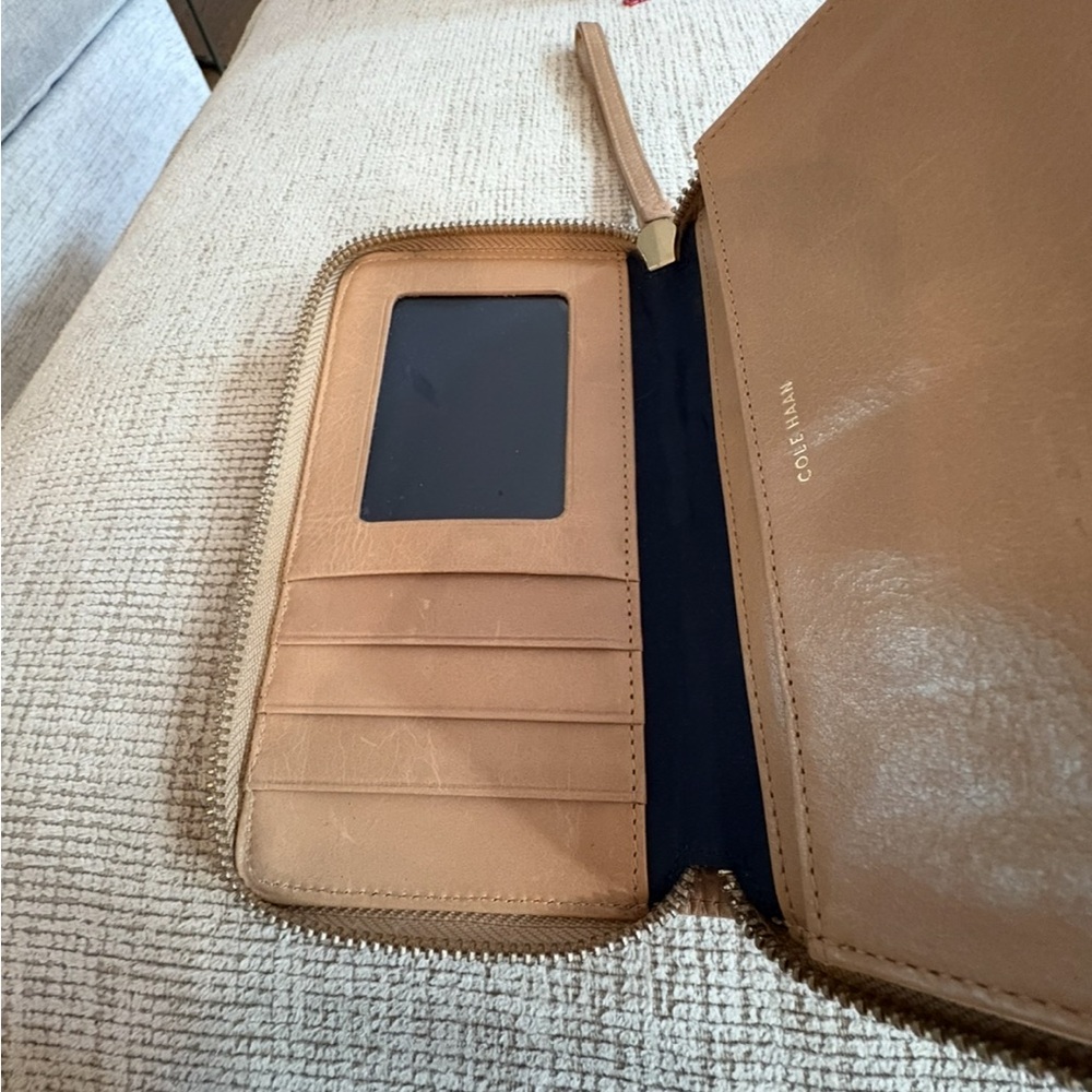 Cole Haan Tan Leather Zip Wallet with Card Slots